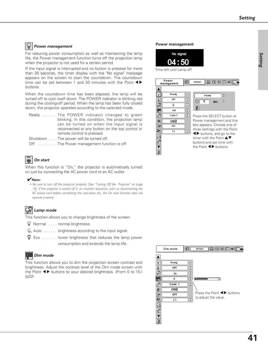 Eiki LC-SD15 owner manual Power management, On start, Lamp mode, Dim mode 