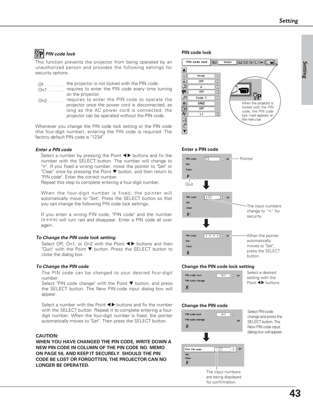 Eiki LC-SD15 owner manual To Change the PIN code lock setting 