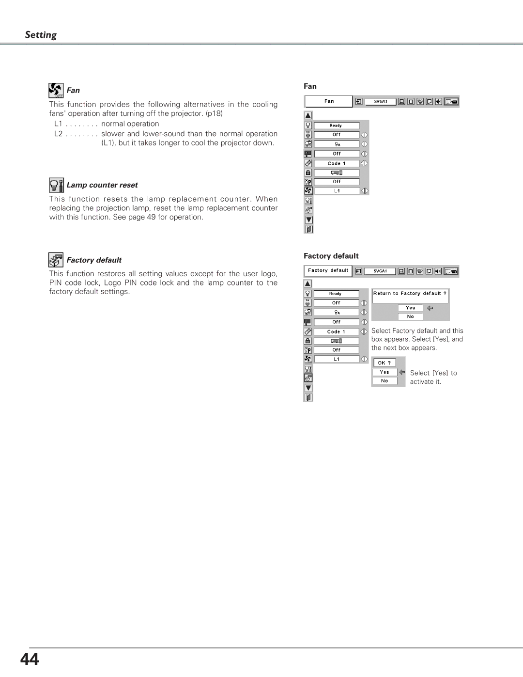 Eiki LC-SD15 owner manual Lamp counter reset, Fan Factory default 