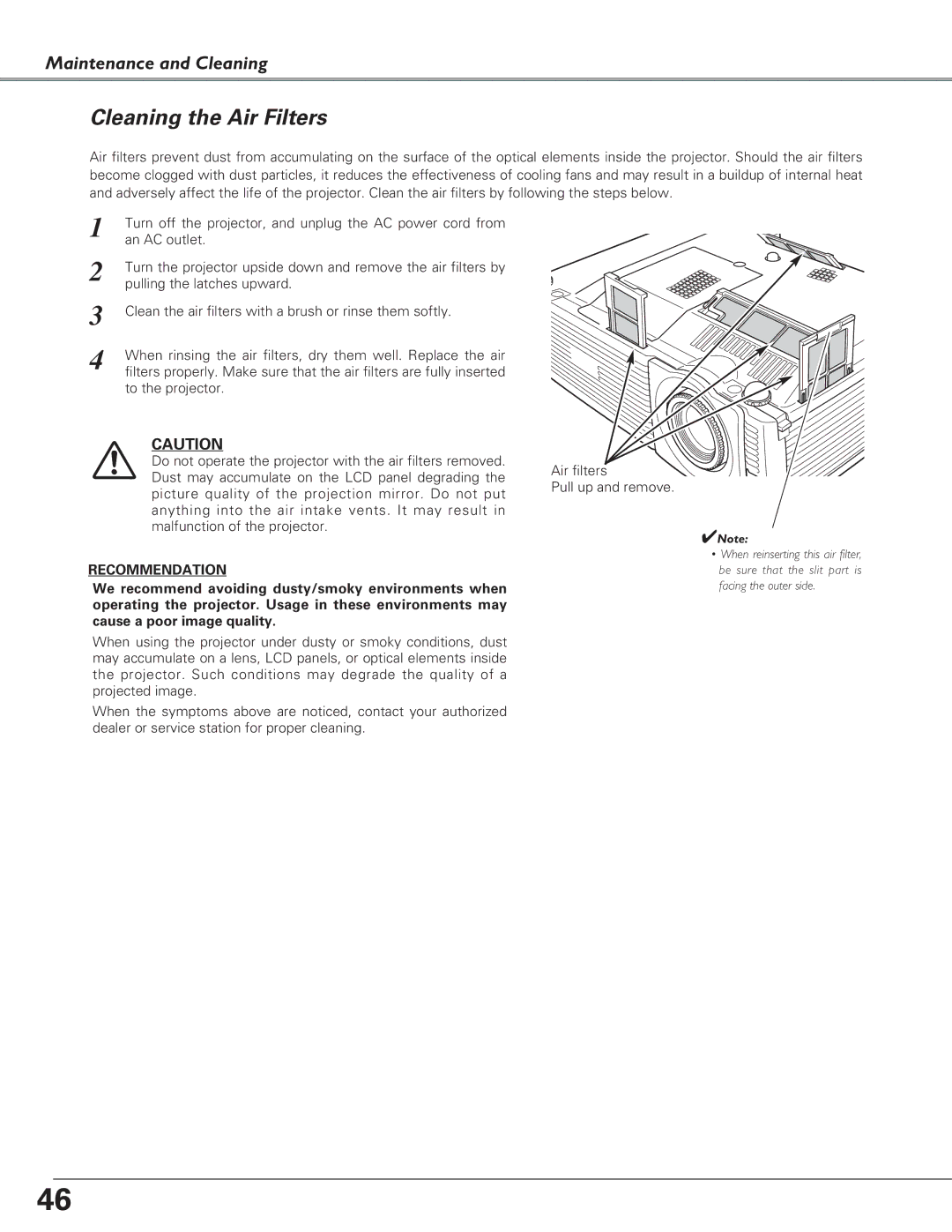 Eiki LC-SD15 owner manual Cleaning the Air Filters, Recommendation 