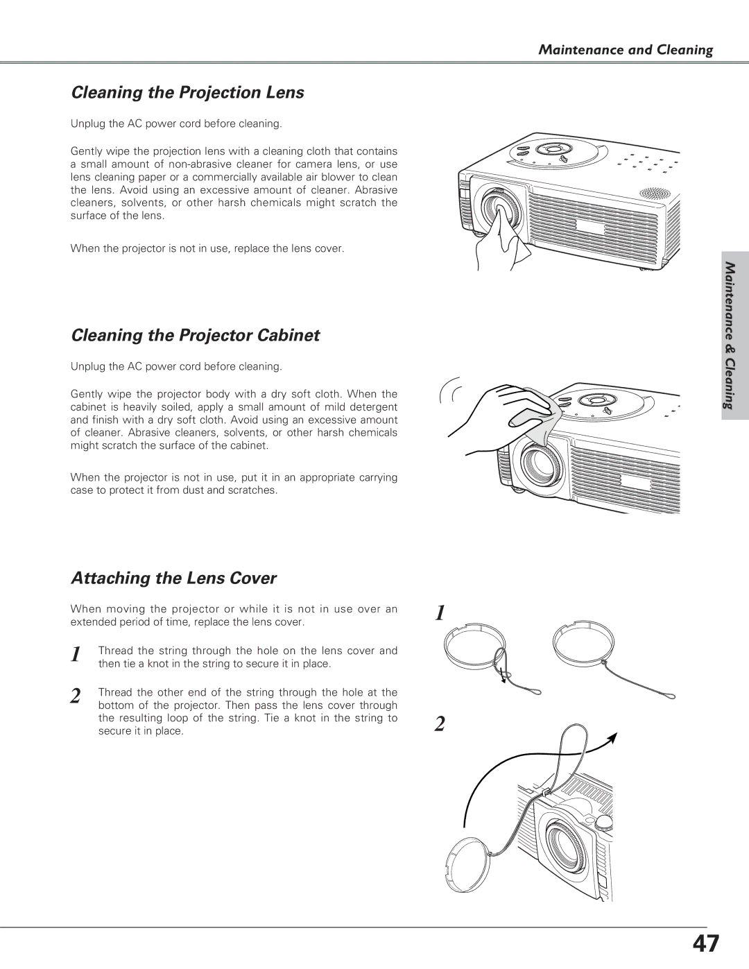 Eiki LC-SD15 owner manual Cleaning the Projection Lens, Cleaning the Projector Cabinet, Attaching the Lens Cover 