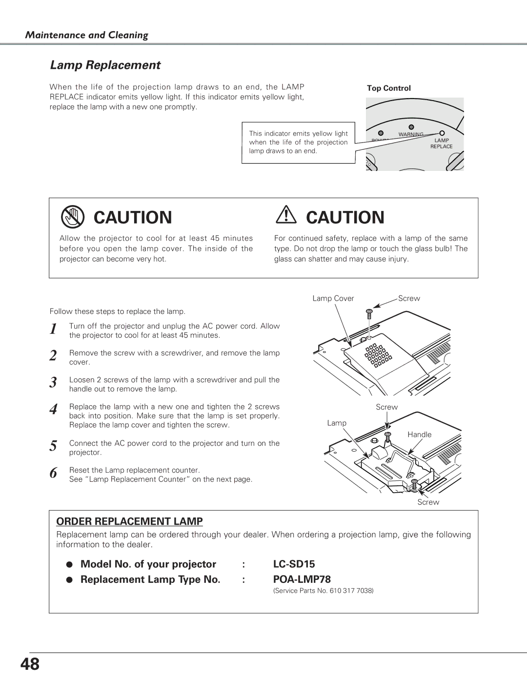 Eiki LC-SD15 owner manual Lamp Replacement, Order Replacement Lamp 