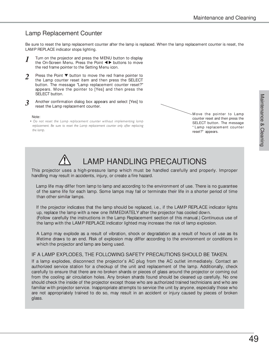 Eiki LC-SD15 owner manual Lamp Handling Precautions, Lamp Replacement Counter 