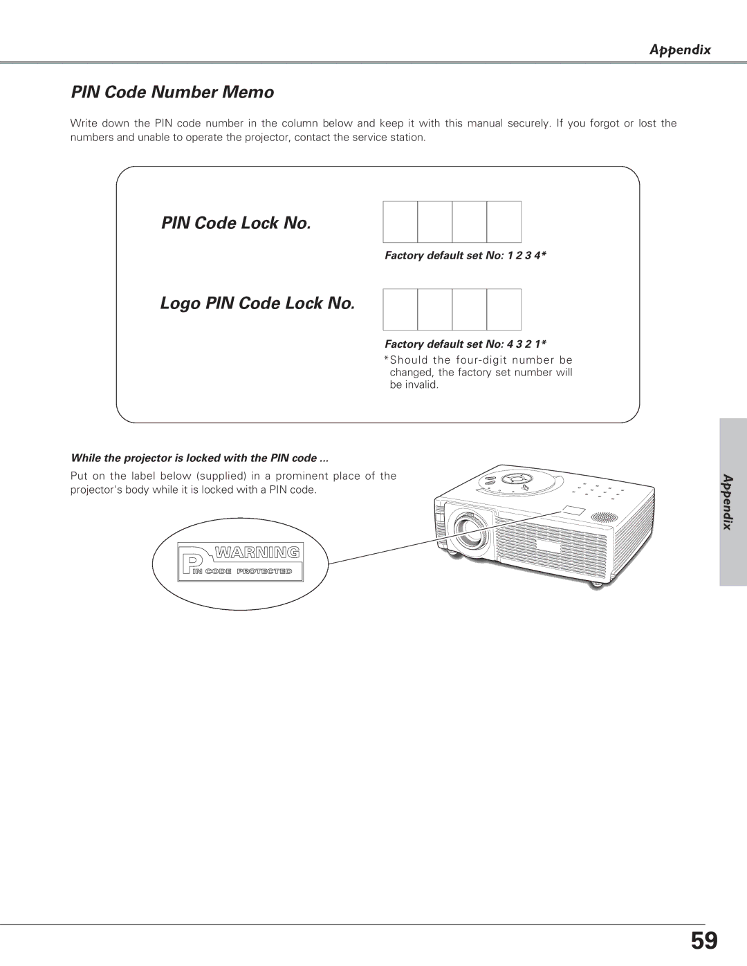 Eiki LC-SD15 owner manual PIN Code Number Memo, Logo PIN Code Lock No 