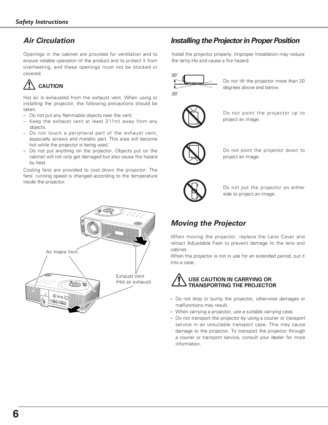 Eiki LC-SD15 owner manual Air Circulation, Installing the Projector in Proper Position, Moving the Projector 