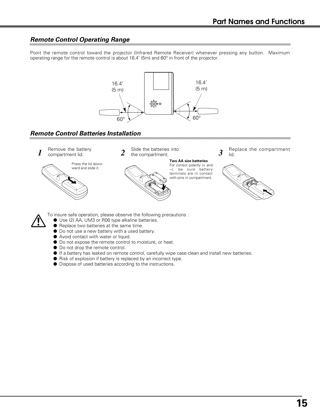 Eiki LC-SE10 instruction manual Remote Control Operating Range, Remote Control Batteries Installation 