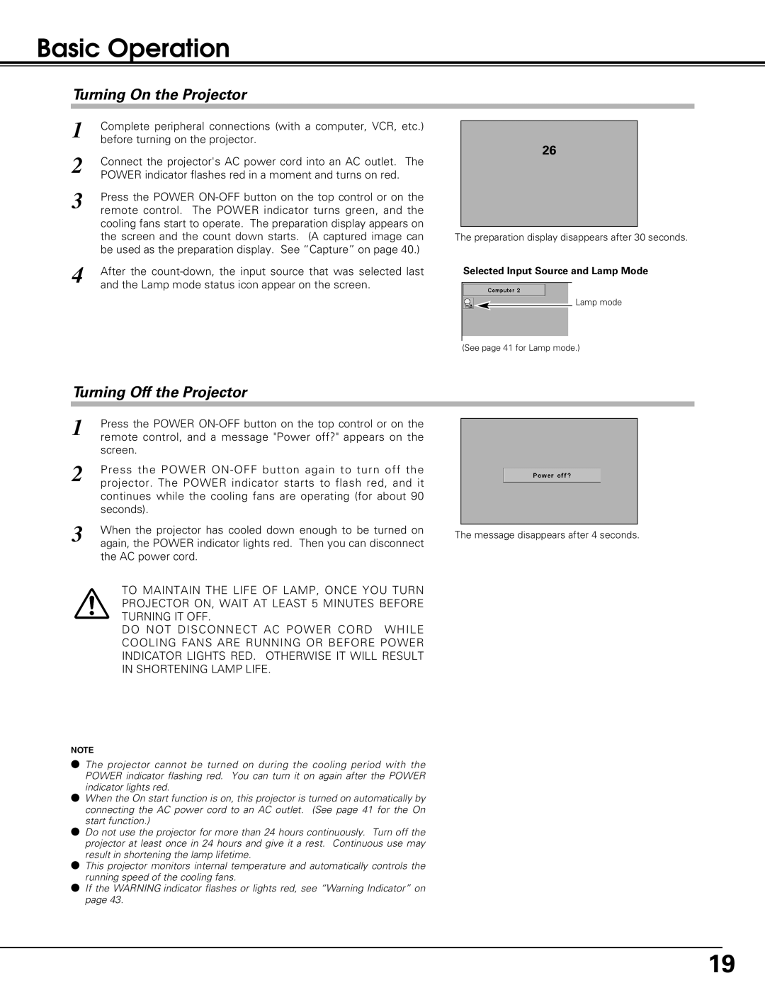 Eiki LC-SE10 instruction manual Basic Operation, Turning On the Projector, Turning Off the Projector 