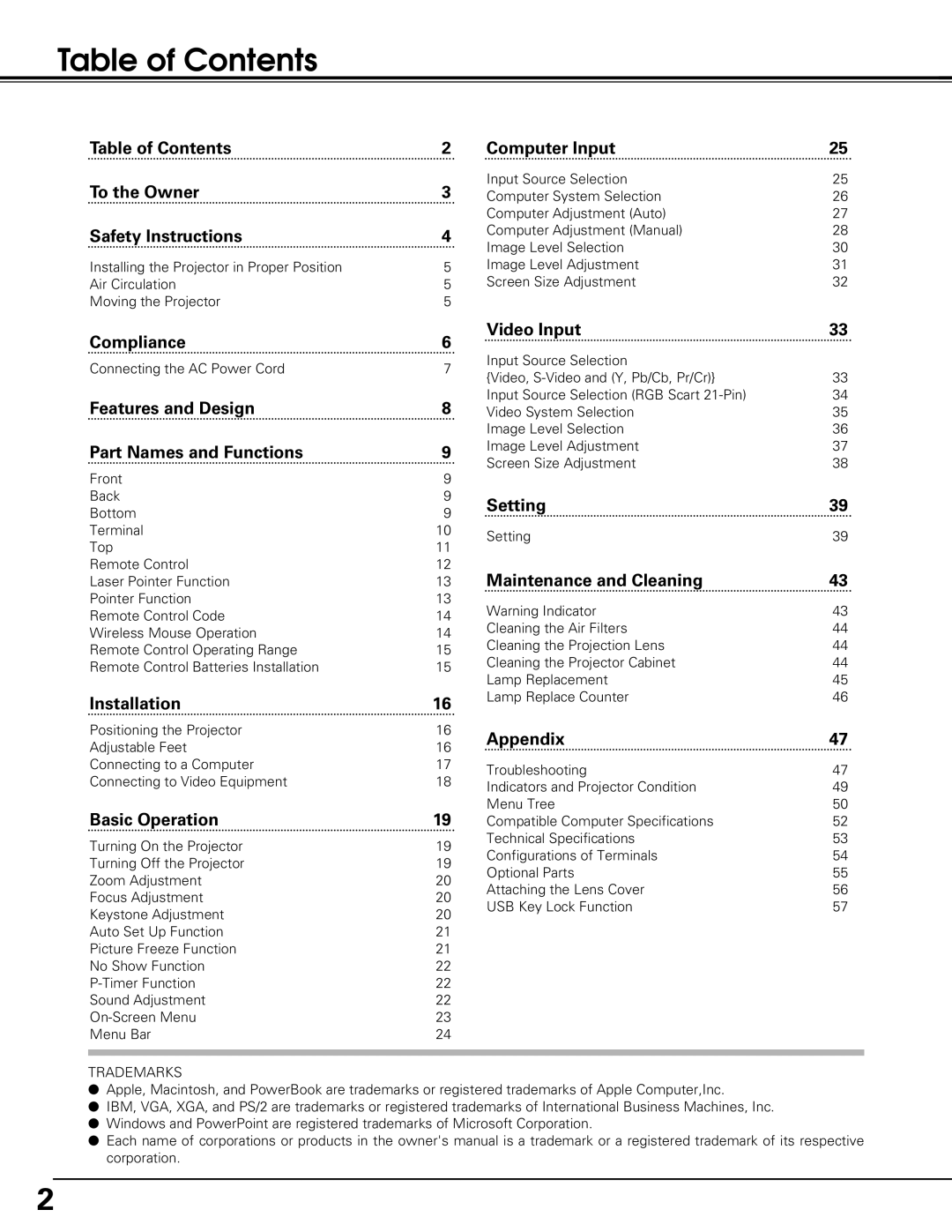 Eiki LC-SE10 instruction manual Table of Contents 