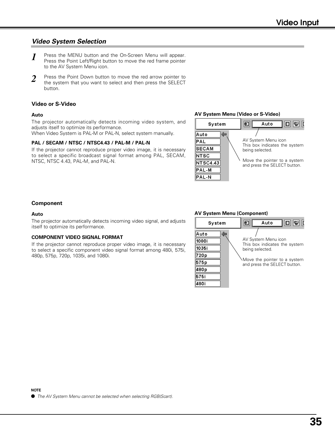 Eiki LC-SE10 instruction manual Video System Selection, AV System Menu Video or S-Video, AV System Menu Component 