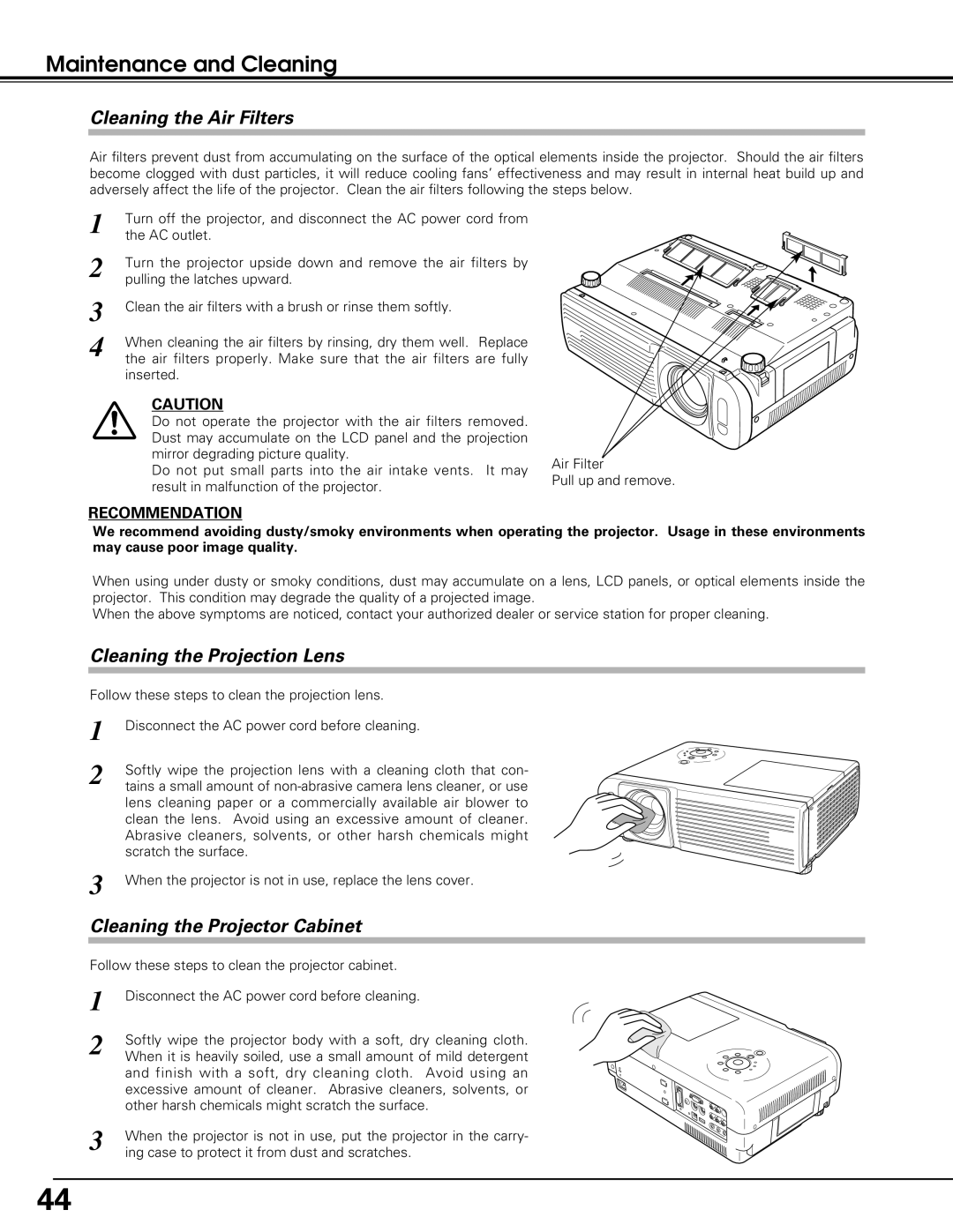 Eiki LC-SE10 instruction manual Maintenance and Cleaning, Cleaning the Air Filters, Cleaning the Projection Lens 