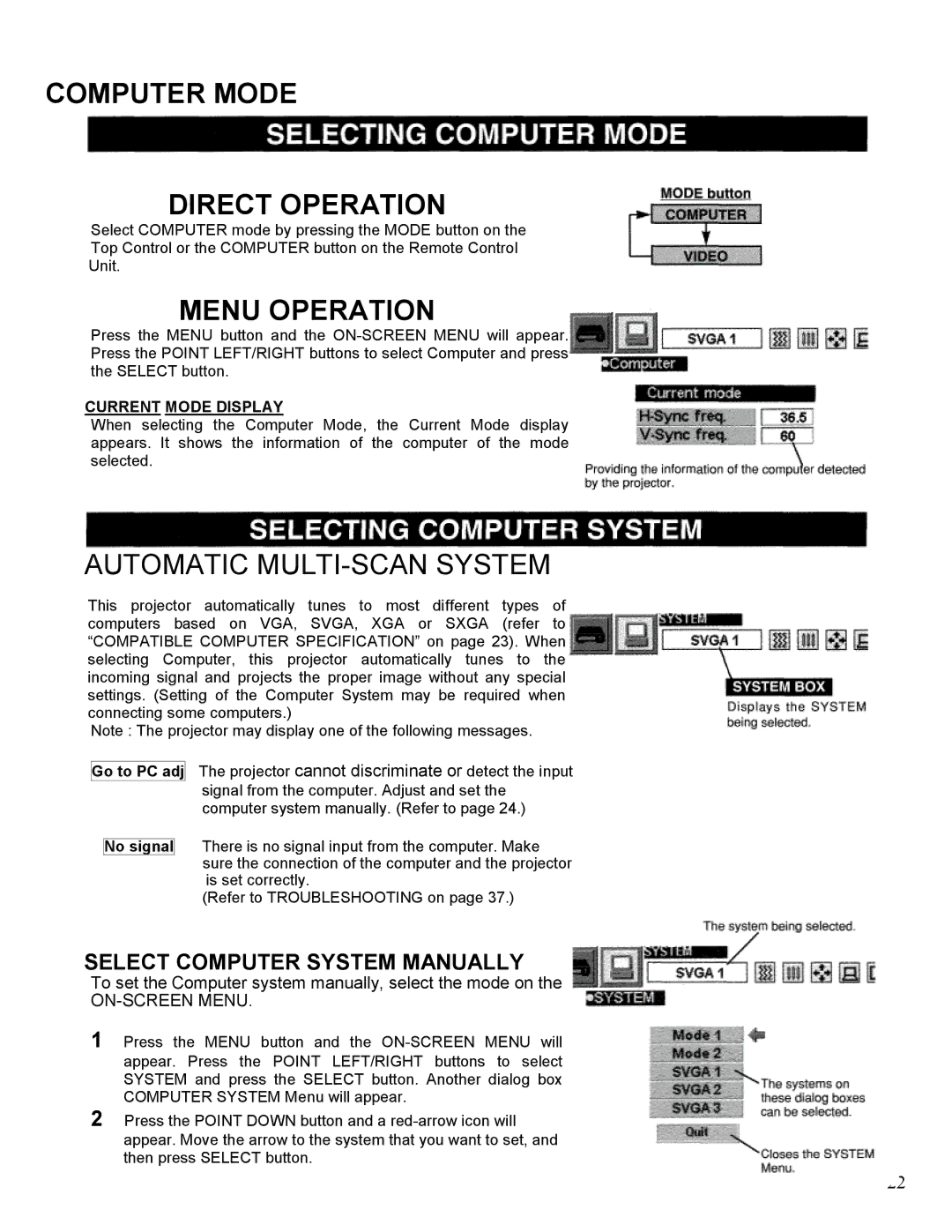 Eiki LC-SM1 Computer Mode Direct Operation, Menu Operation, Select Computer System Manually, Current Mode Display 