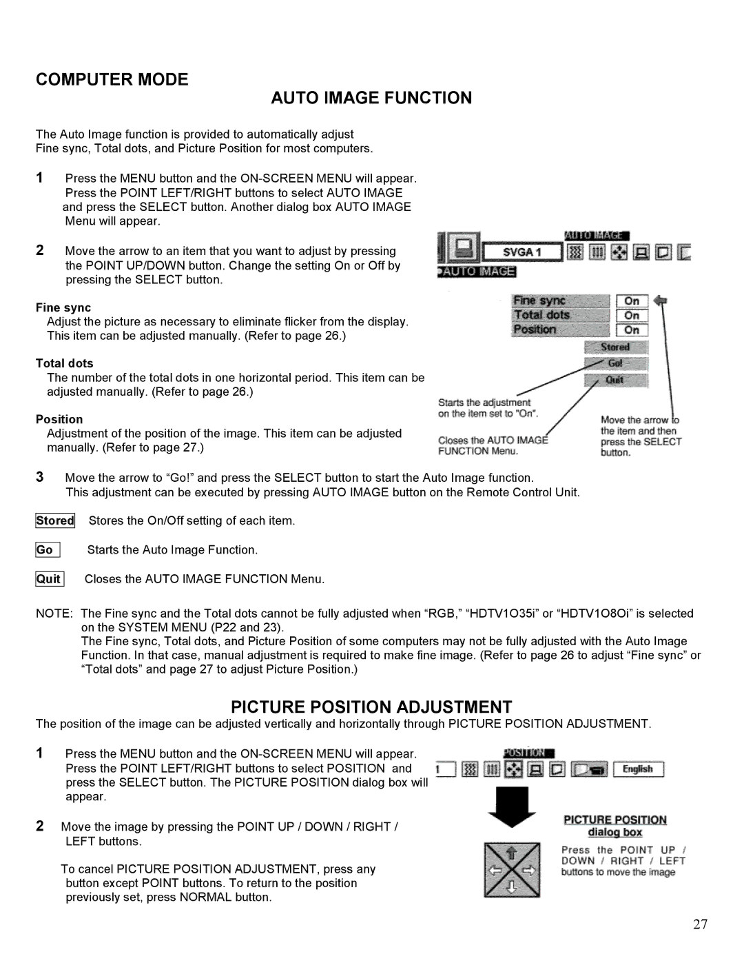 Eiki LC-SM1 owner manual Computer Mode Auto Image Function, Picture Position Adjustment, Stored Quit 