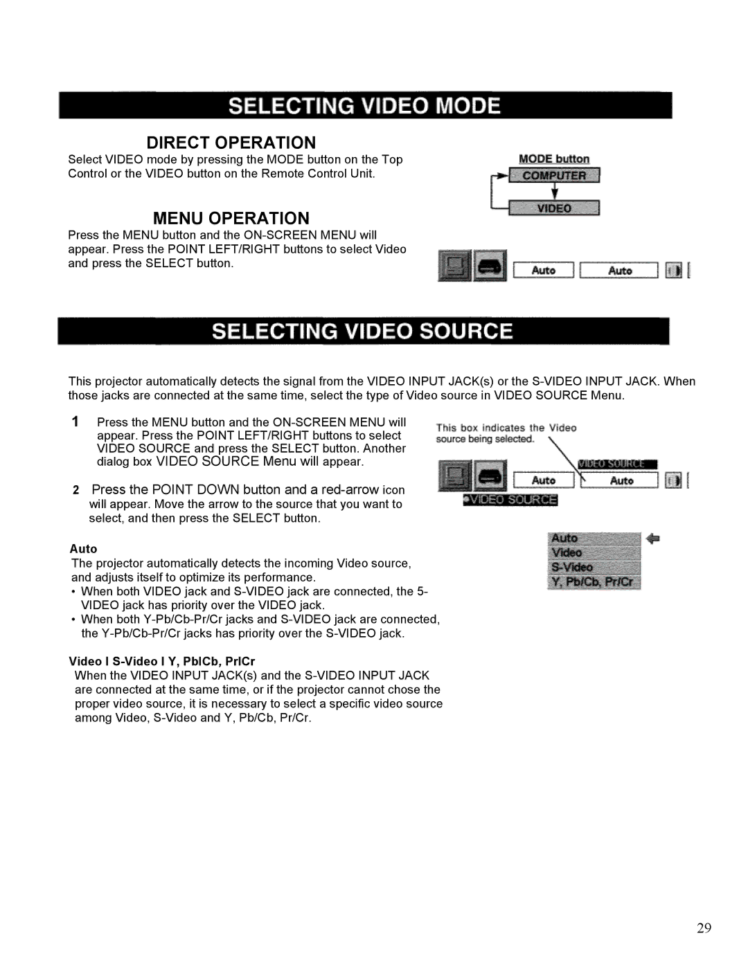 Eiki LC-SM1 owner manual Direct Operation, Menu Operation, Auto, Video I S-Video I Y, PbICb, PrICr 