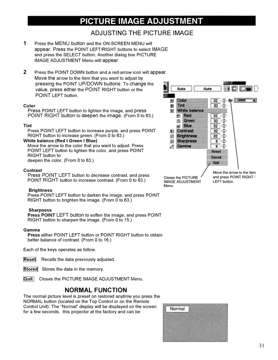 Eiki LC-SM1 owner manual Normal Function, Color, Tint, Sharpness 