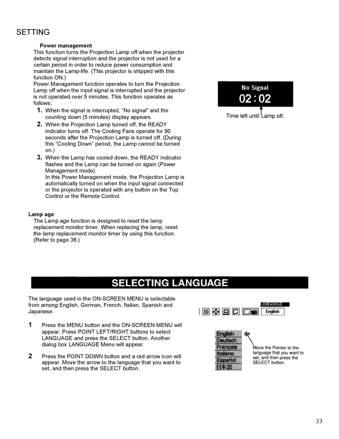 Eiki LC-SM1 owner manual Power management, Lamp age 