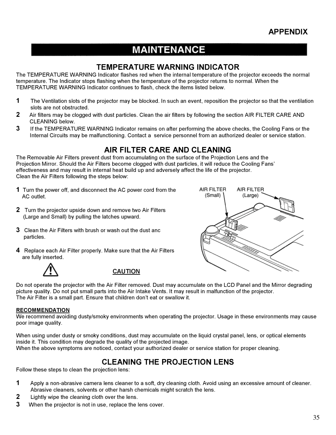 Eiki LC-SM1 owner manual Appendix Temperature Warning Indicator, AIR Filter Care and Cleaning, Cleaning the Projection Lens 