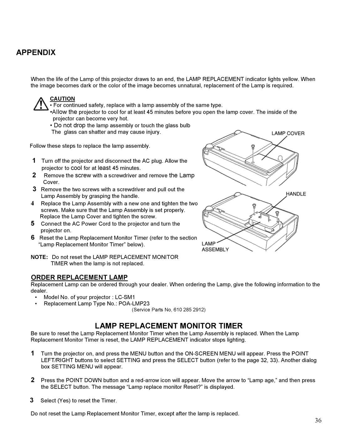 Eiki LC-SM1 owner manual Lamp Replacement Monitor Timer, Order Replacement Lamp 