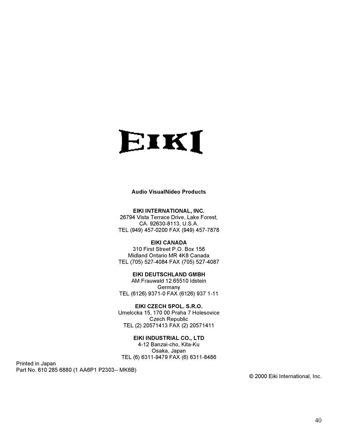 Eiki LC-SM1 Audio VisualNideo Products ElKI INTERNATIONAL, INC, Eiki Canada, Eiki Deutschland Gmbh, Eiki Czech SPOL. S.R.O 