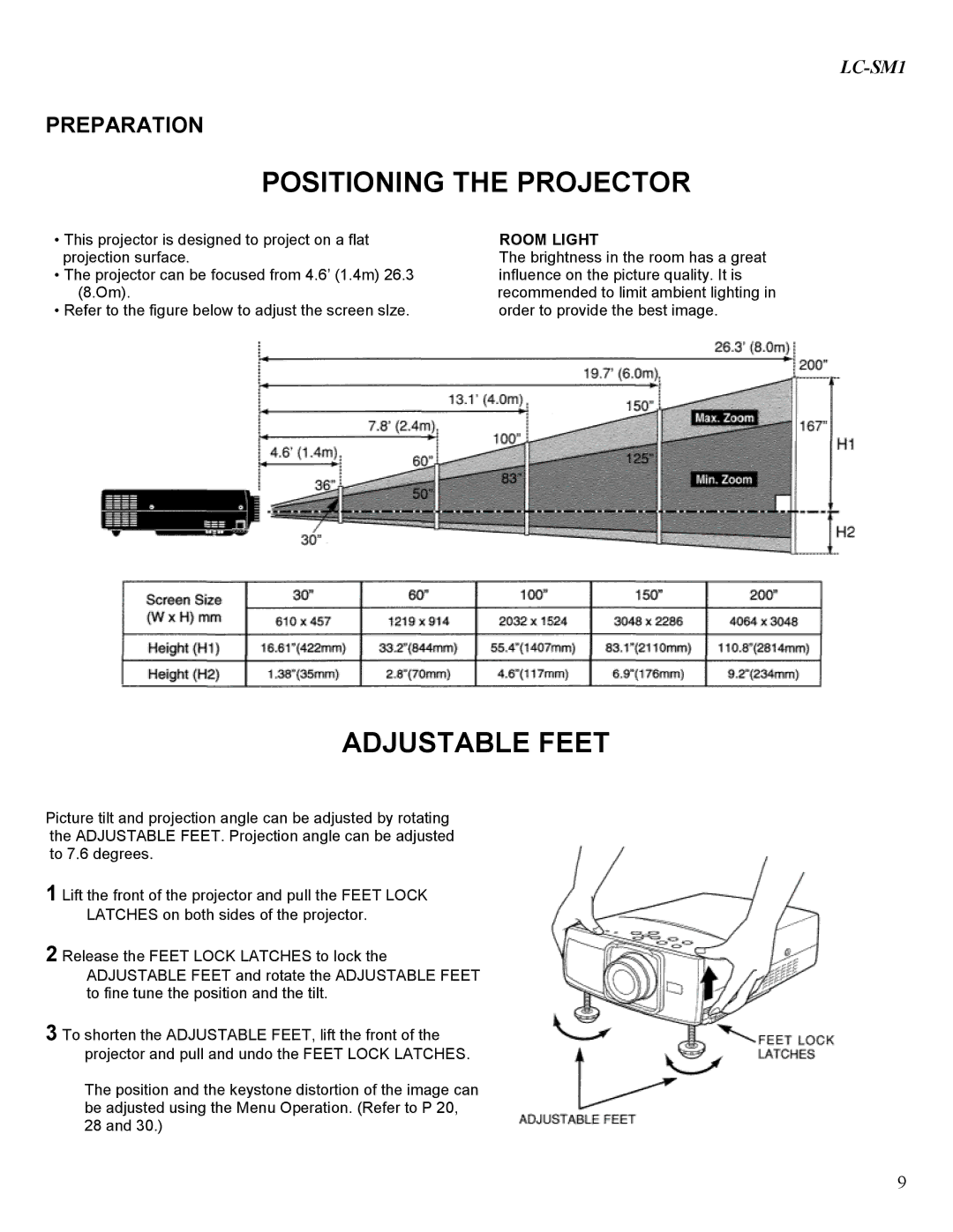 Eiki LC-SM1 owner manual Positioning the Projector, Adjustable Feet, Room Light 