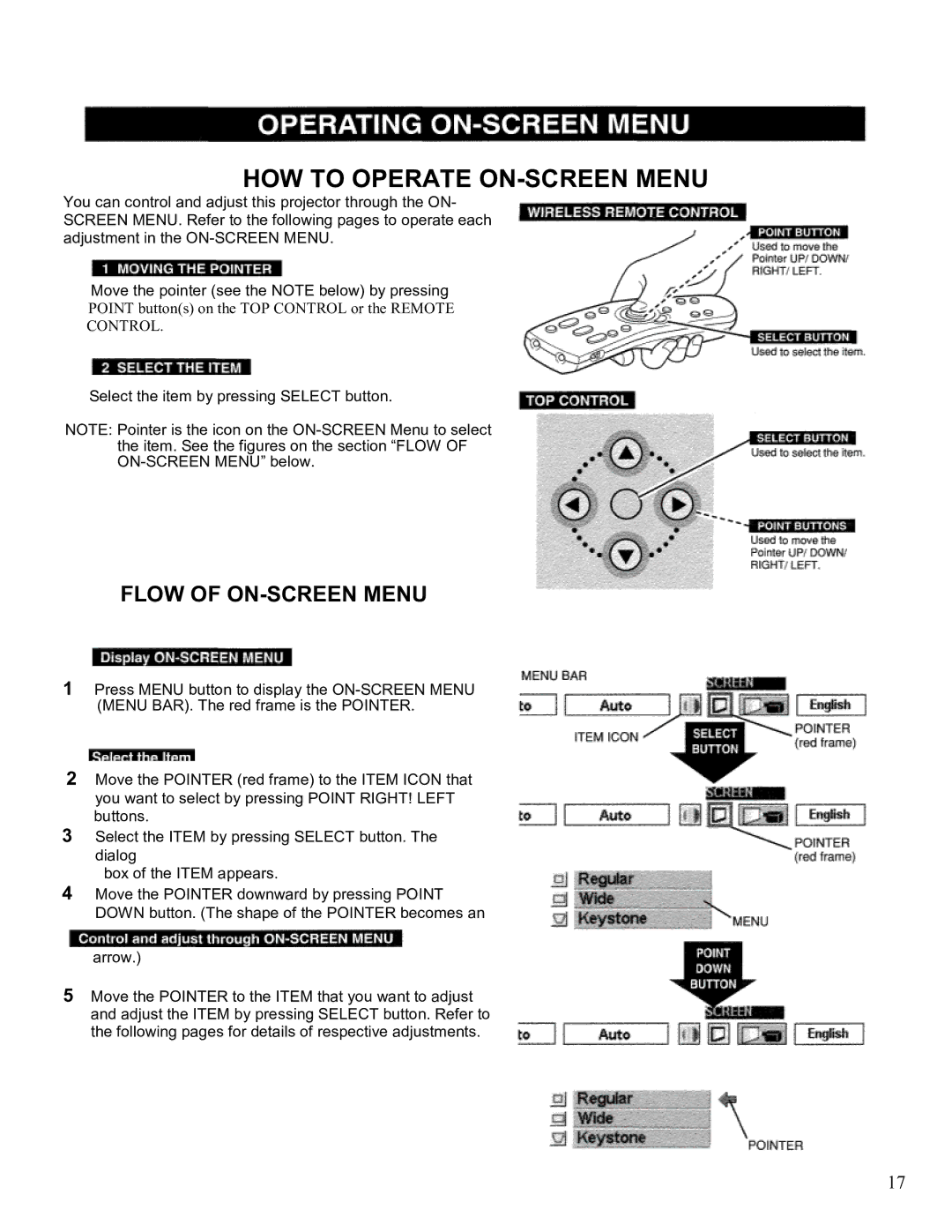 Eiki LC-SM2 owner manual HOW to Operate ON-SCREEN Menu, Flow of ON-SCREEN Menu 