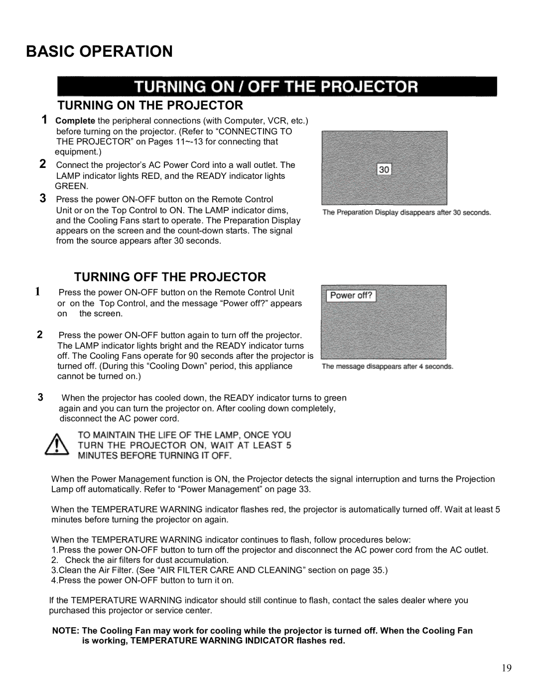 Eiki LC-SM2 owner manual Basic Operation, Turning on the Projector, Turning OFF the Projector 