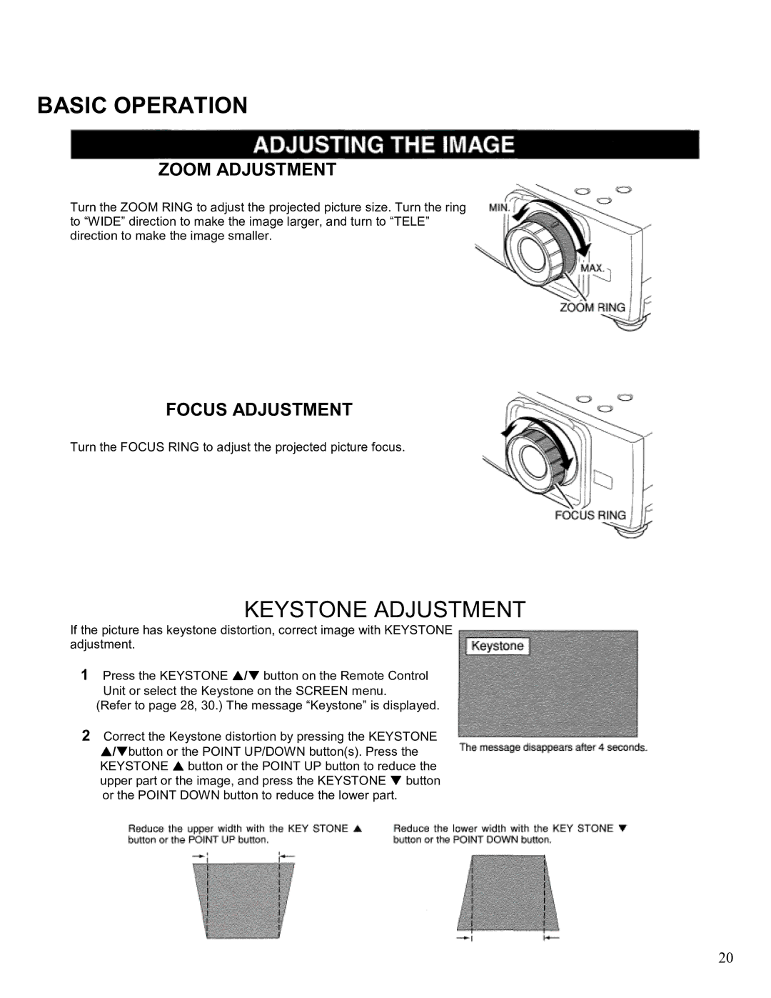 Eiki LC-SM2 owner manual Zoom Adjustment, Focus Adjustment 