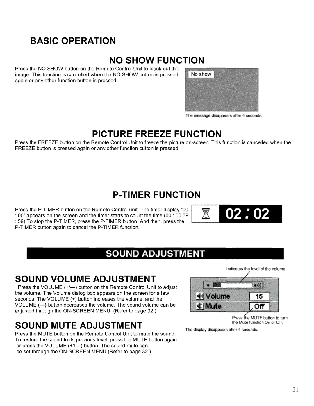 Eiki LC-SM2 owner manual Basic Operation No Show Function, Picture Freeze Function, Timer Function, Sound Volume Adjustment 