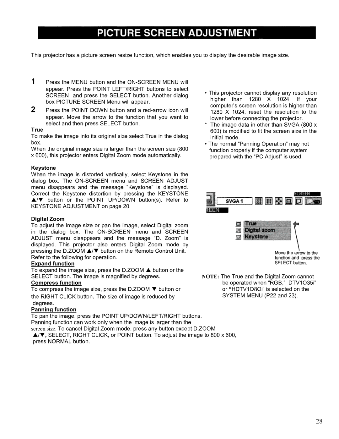 Eiki LC-SM2 owner manual True, Keystone, Digital Zoom, Expand function, Compress function, Panning function 