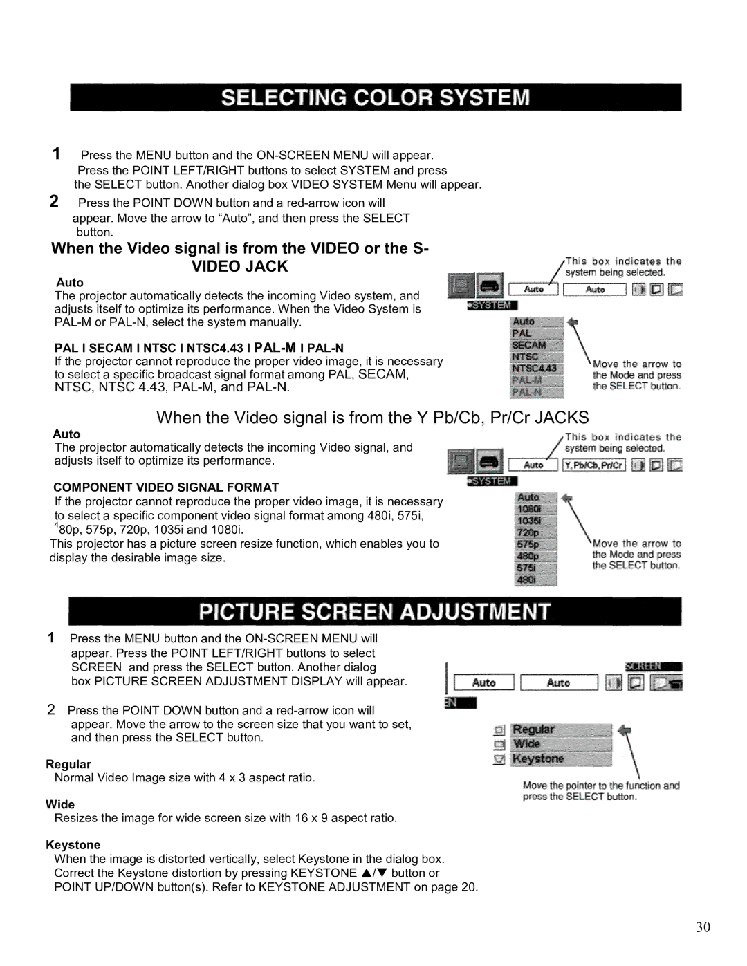 Eiki LC-SM2 owner manual PAL I Secam I Ntsc I NTSC4.43 I PAL-MI PAL-N, Component Video Signal Format, Regular, Wide 