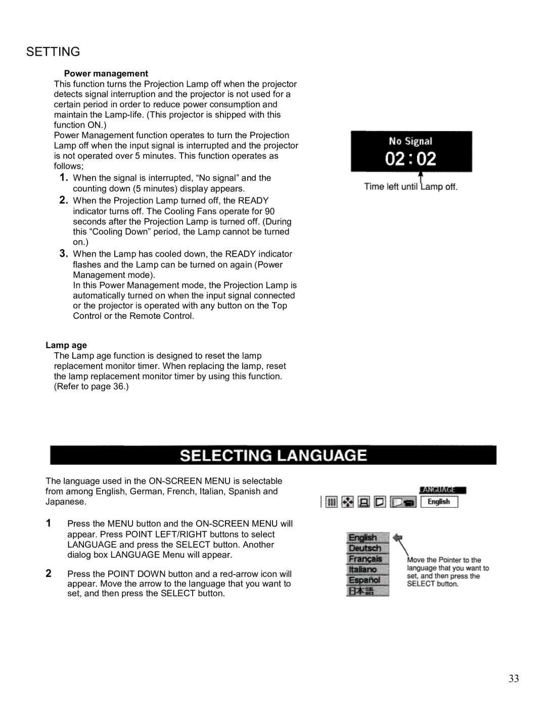 Eiki LC-SM2 owner manual Power management, Lamp age 