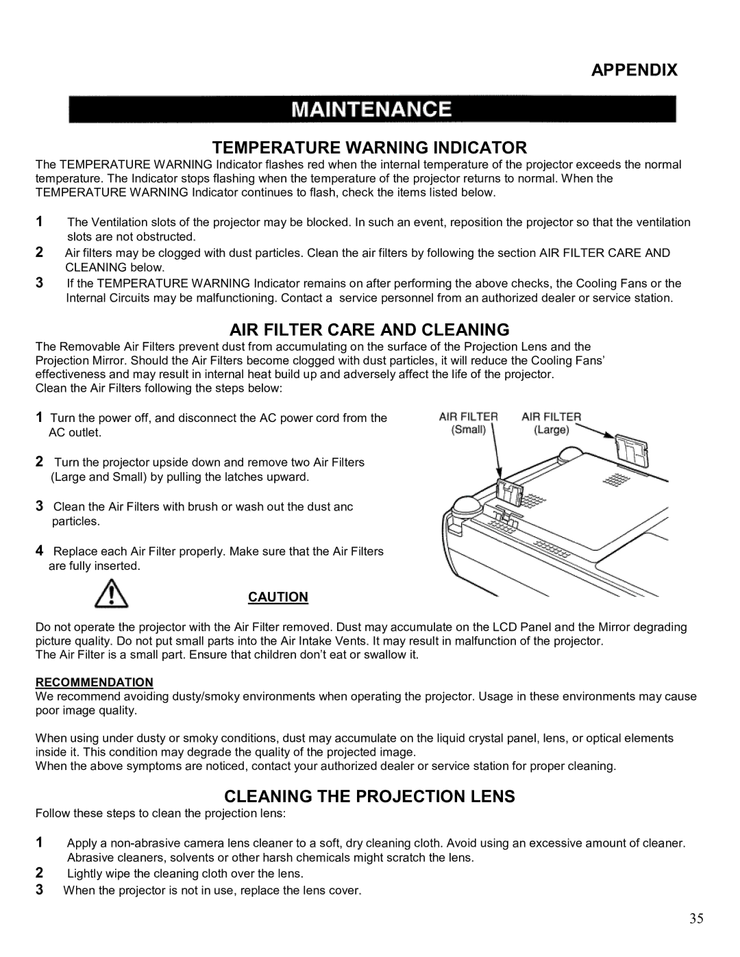 Eiki LC-SM2 owner manual Appendix Temperature Warning Indicator, AIR Filter Care and Cleaning, Cleaning the Projection Lens 