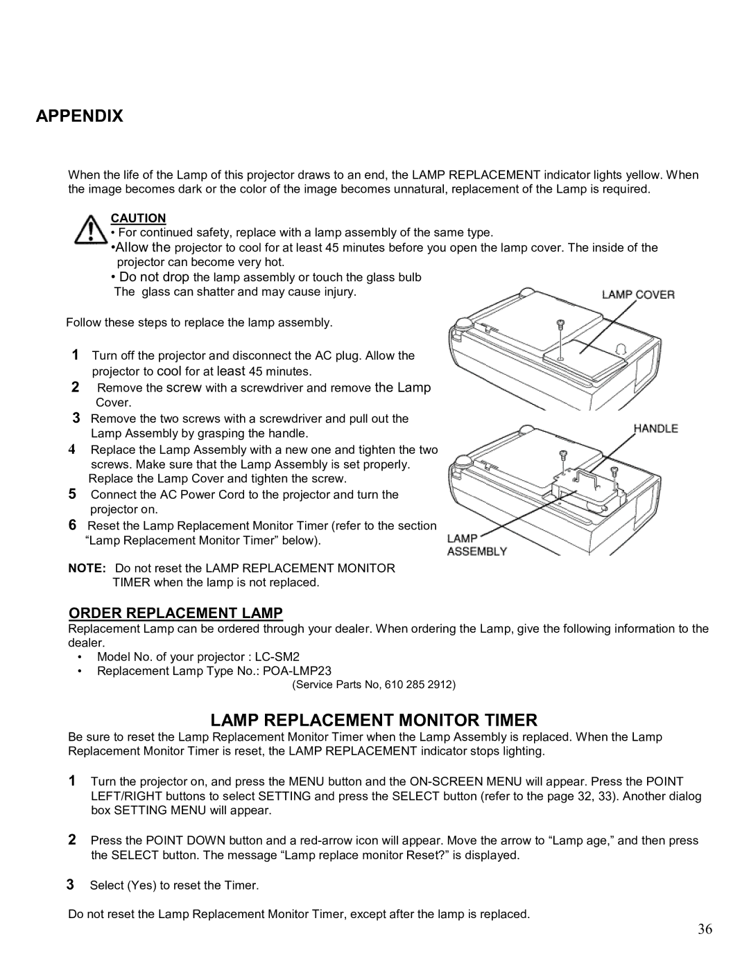 Eiki LC-SM2 owner manual Lamp Replacement Monitor Timer, Order Replacement Lamp 