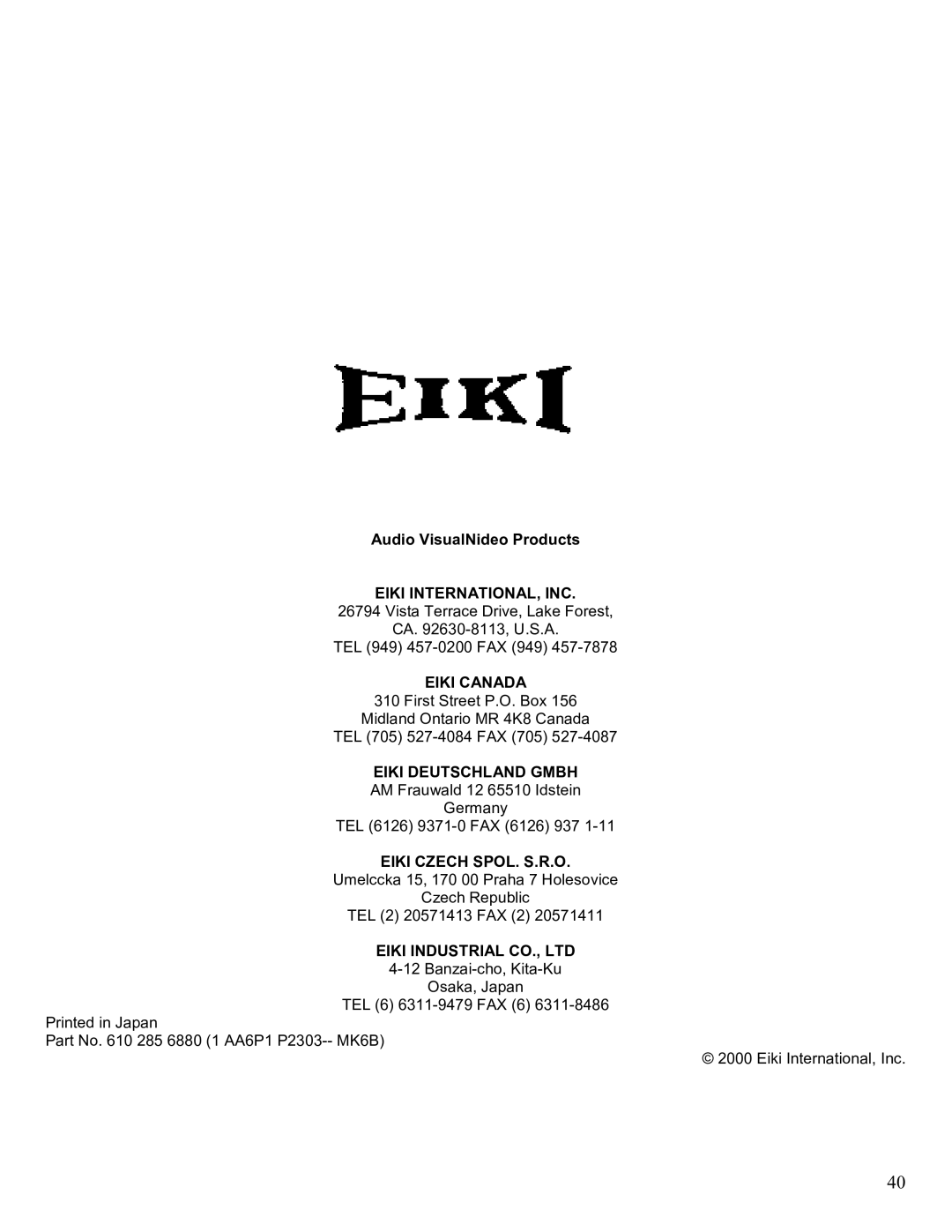 Eiki LC-SM2 Audio VisualNideo Products ElKI INTERNATIONAL, INC, Eiki Canada, Eiki Deutschland Gmbh, Eiki Czech SPOL. S.R.O 