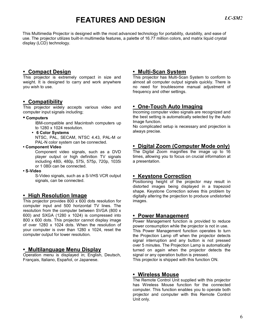 Eiki LC-SM2 owner manual Features and Design, Computers, Color Systems, Component Video 