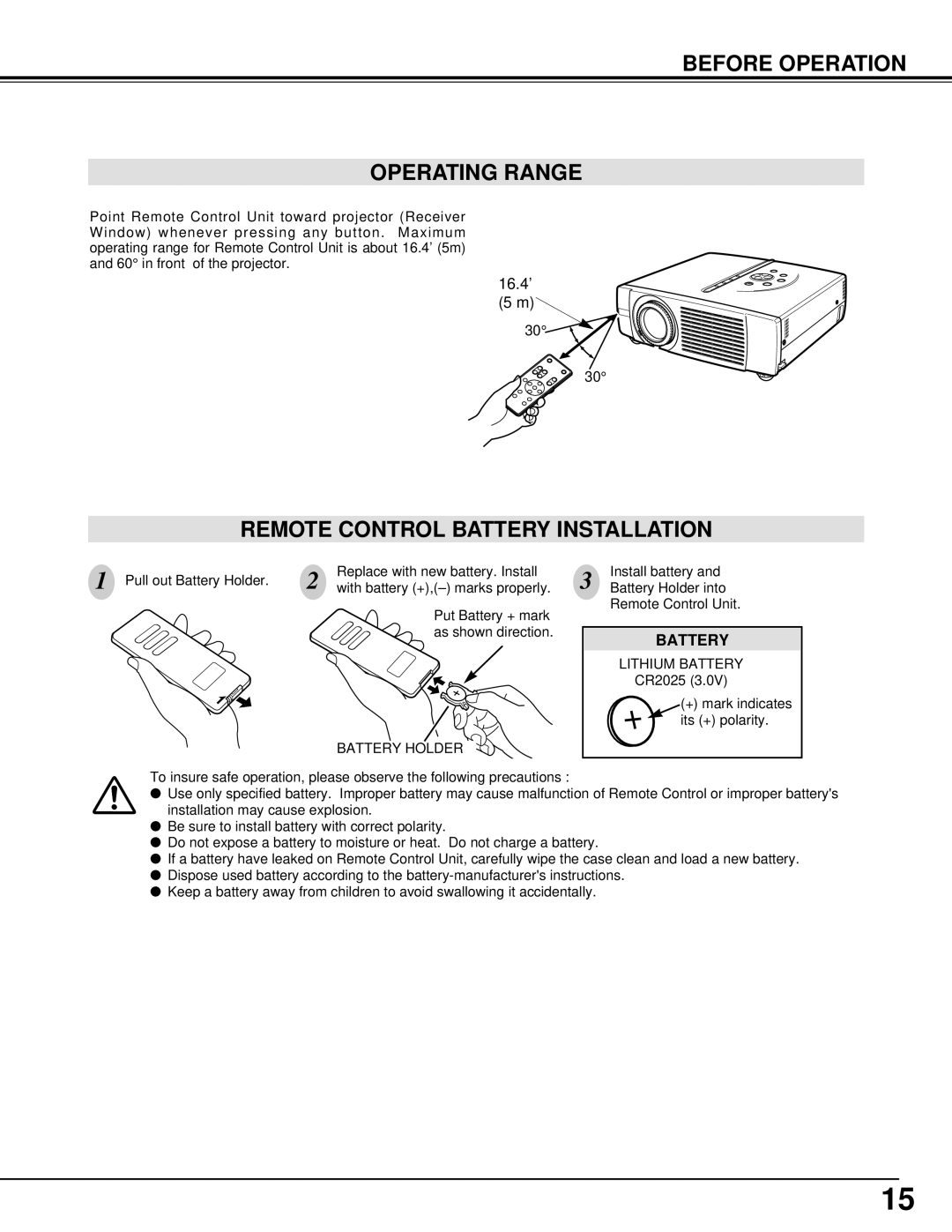Eiki LC-SM3 owner manual Before Operation Operating Range, Remote Control Battery Installation 
