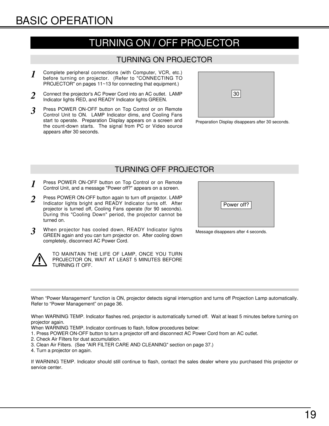 Eiki LC-SM3 owner manual Basic Operation, Turning on / OFF Projector, Turning on Projector, Turning OFF Projector 