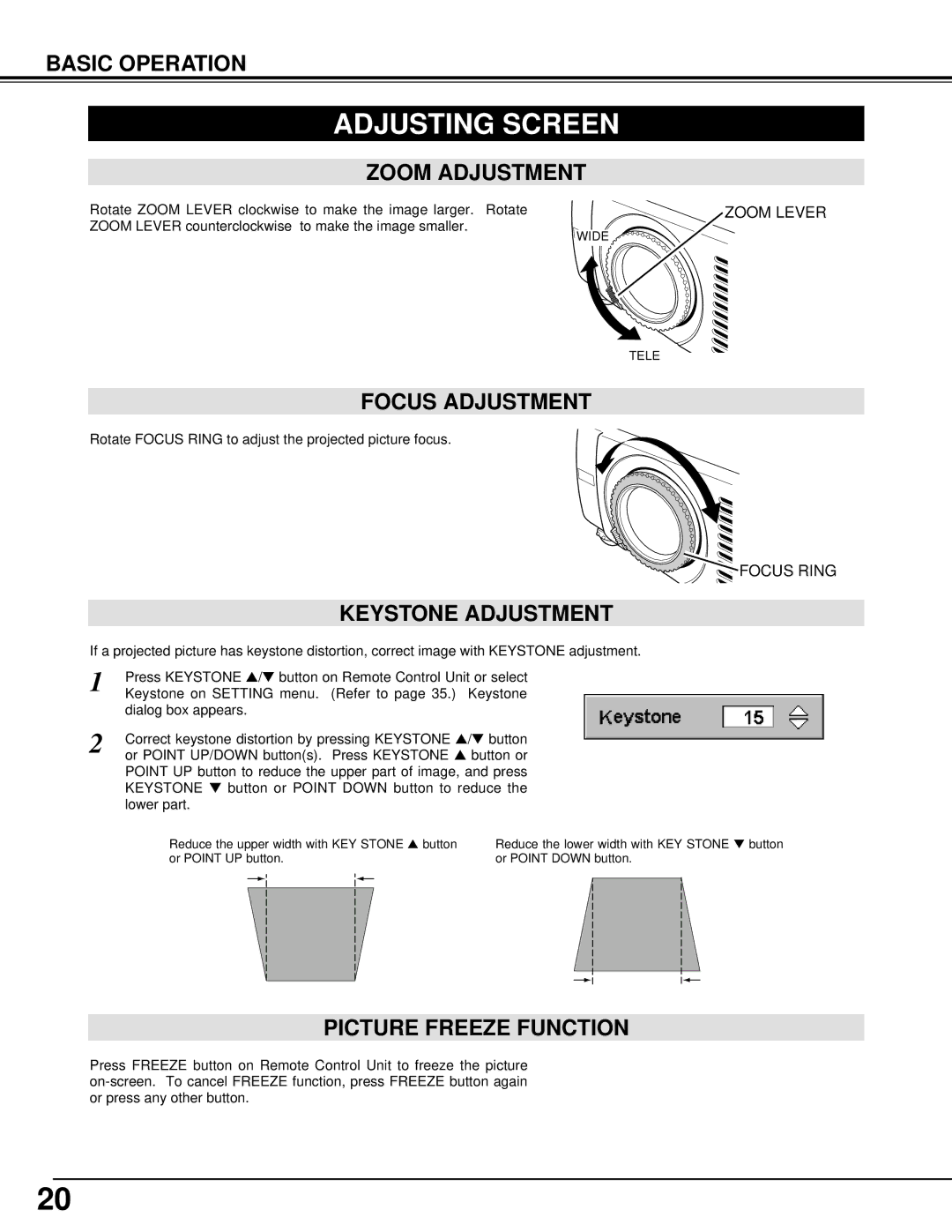 Eiki LC-SM3 owner manual Adjusting Screen, Zoom Adjustment, Focus Adjustment, Keystone Adjustment, Picture Freeze Function 