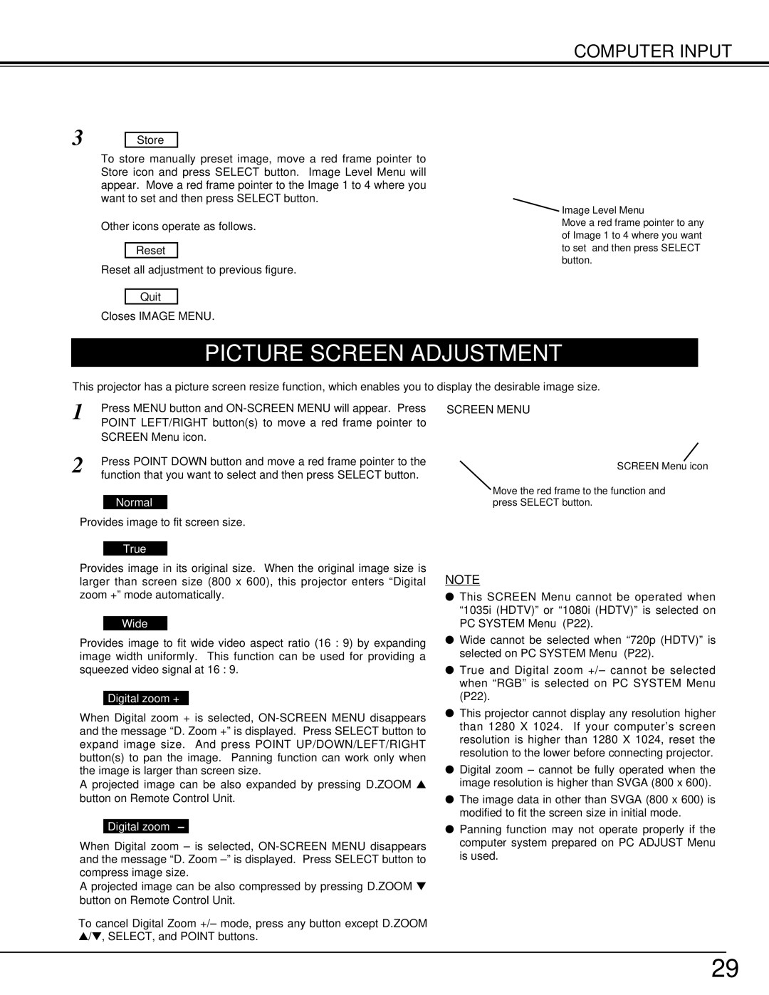 Eiki LC-SM3 owner manual Picture Screen Adjustment, Screen Menu 