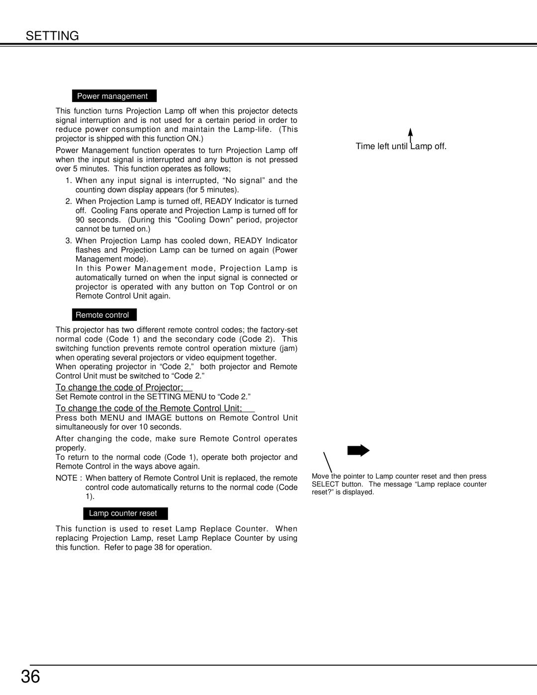 Eiki LC-SM3 owner manual To change the code of Projector, To change the code of the Remote Control Unit, Power management 