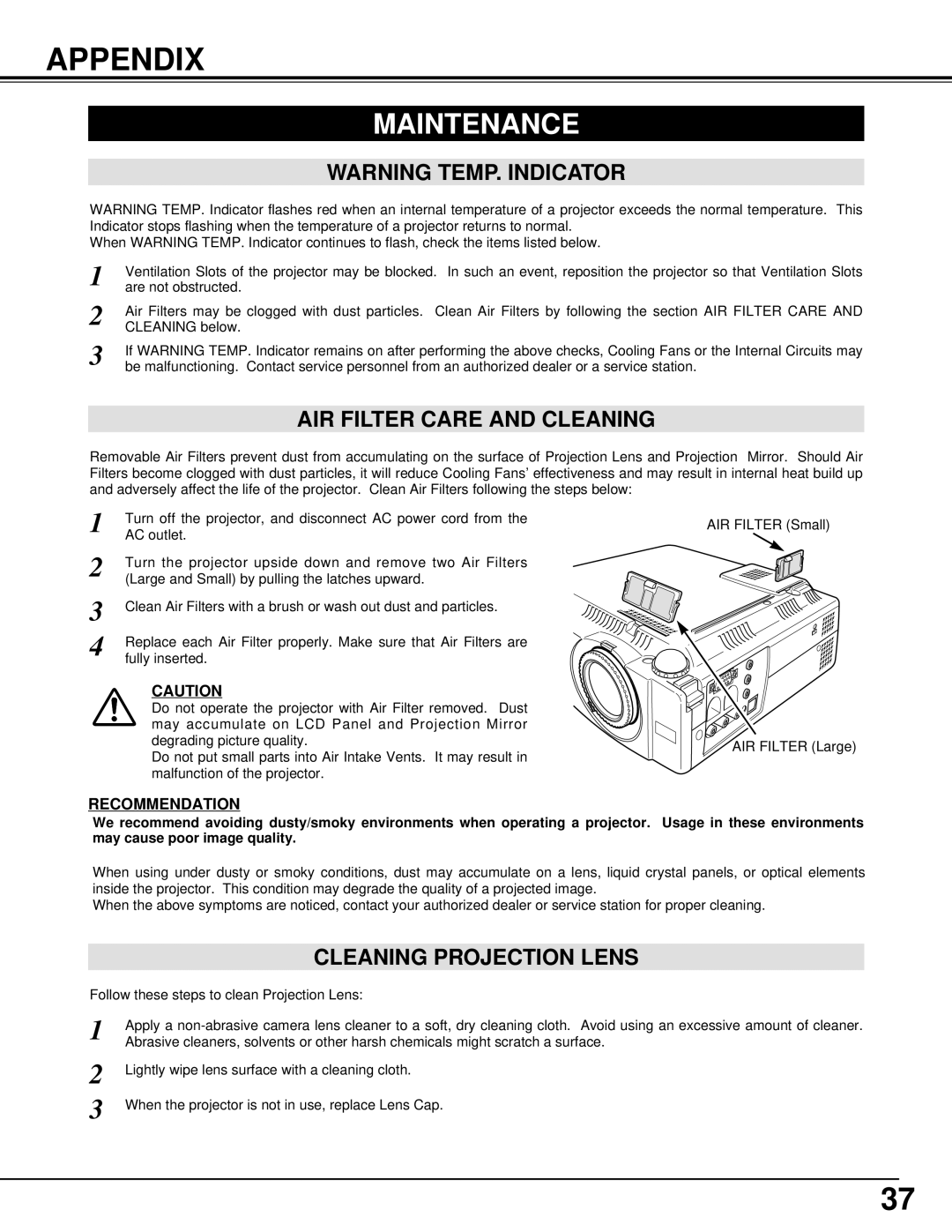 Eiki LC-SM3 owner manual Appendix, Maintenance, AIR Filter Care and Cleaning, Cleaning Projection Lens, Recommendation 