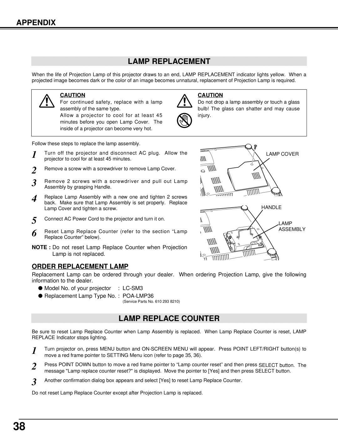 Eiki LC-SM3 owner manual Appendix Lamp Replacement, Lamp Replace Counter 