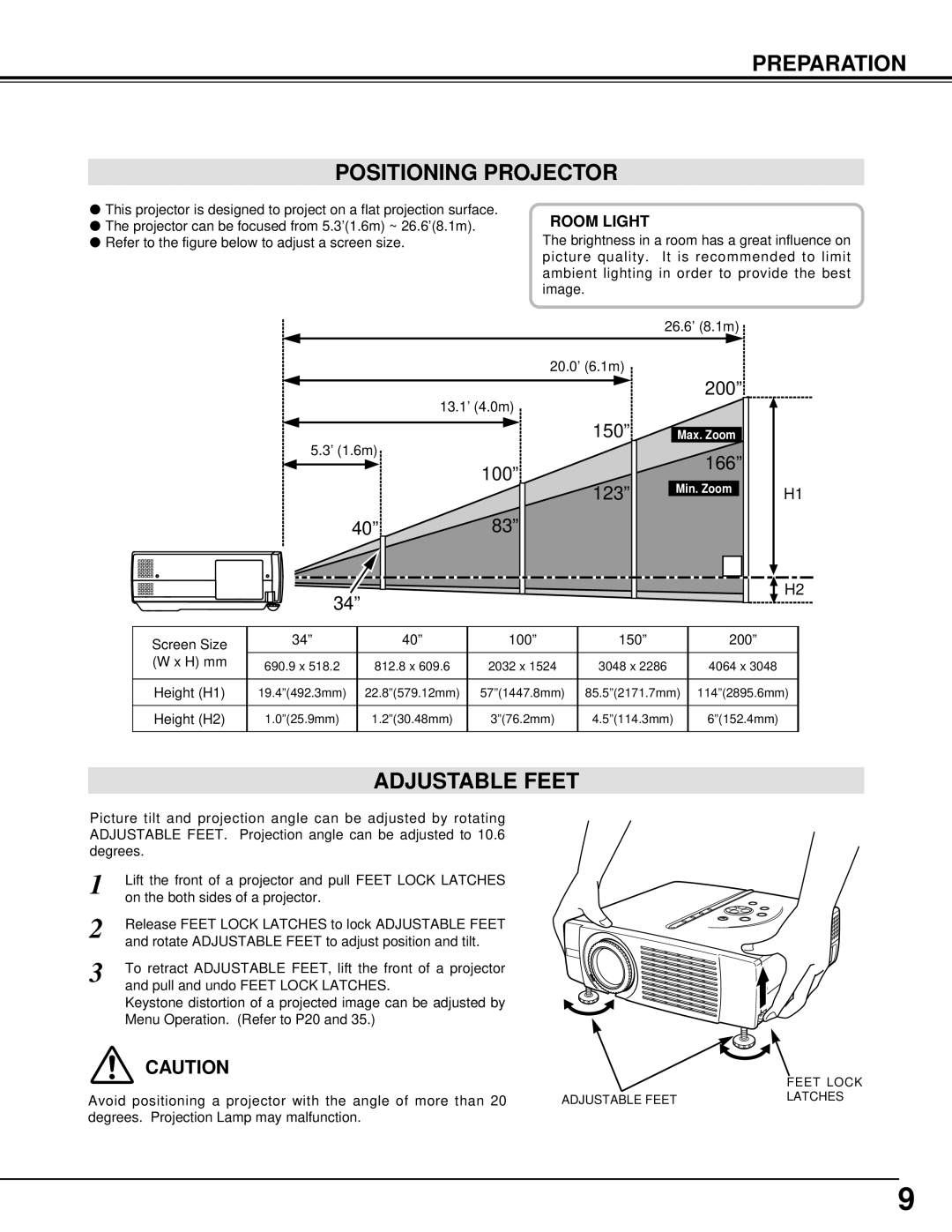 Eiki LC-SM3 owner manual Preparation Positioning Projector, Adjustable Feet, Room Light 