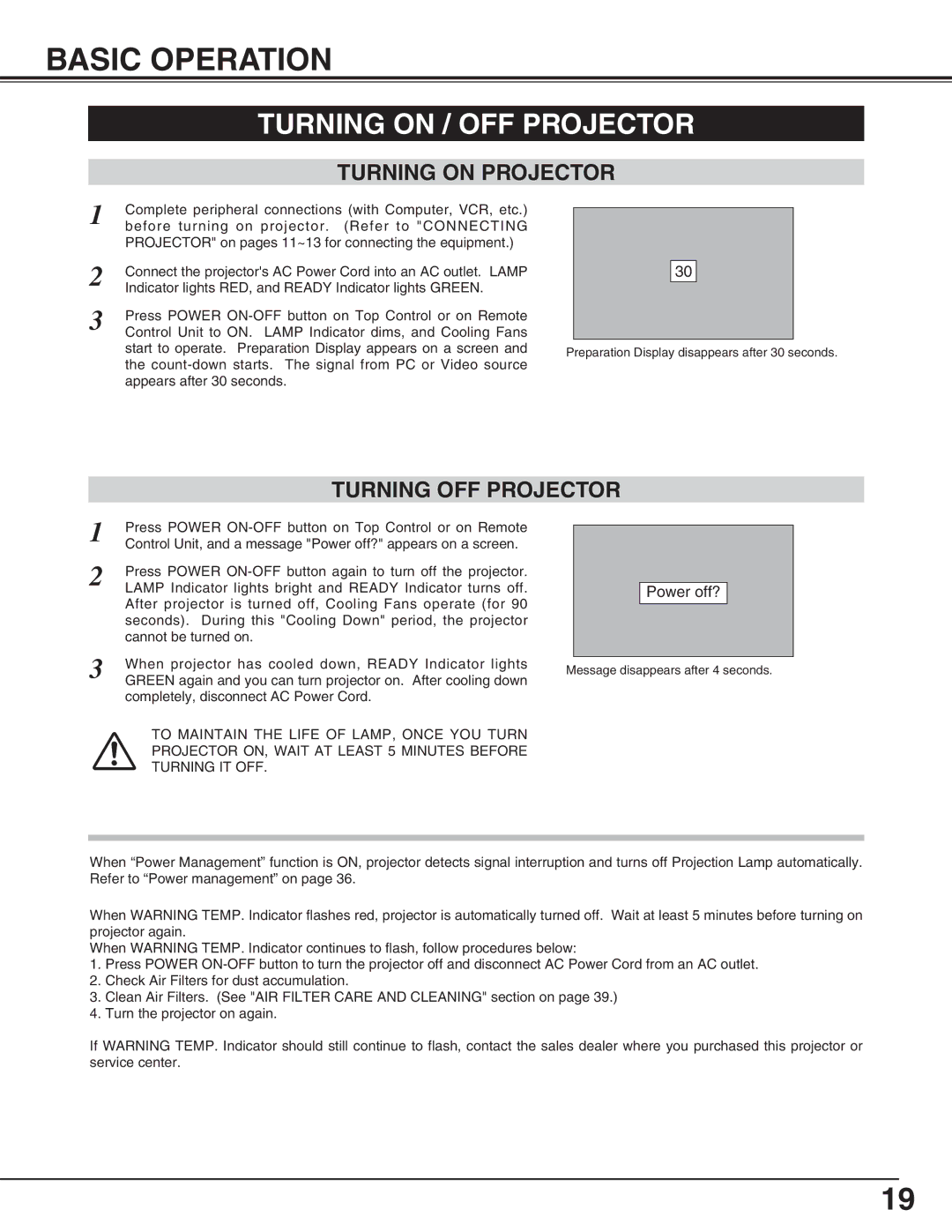 Eiki LC-SM4 owner manual Basic Operation, Turning on / OFF Projector, Turning on Projector, Turning OFF Projector 