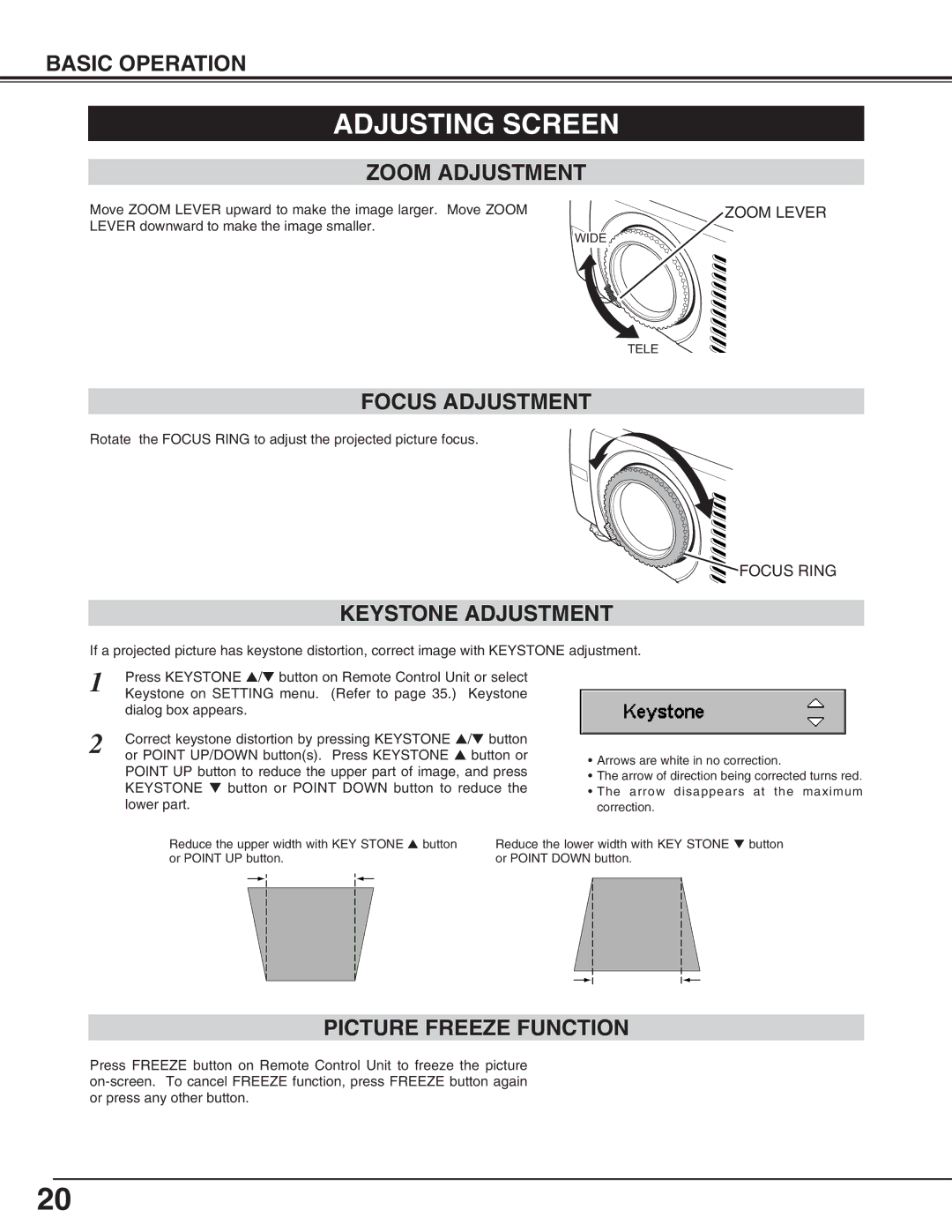 Eiki LC-SM4 owner manual Adjusting Screen, Zoom Adjustment, Focus Adjustment, Keystone Adjustment, Picture Freeze Function 