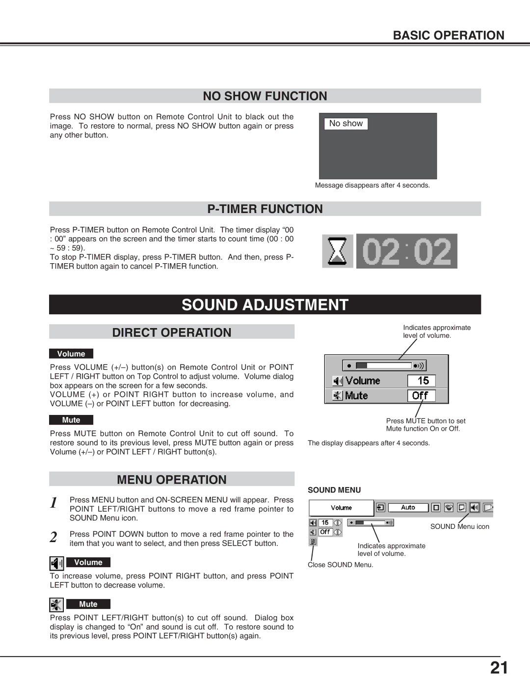 Eiki LC-SM4 Sound Adjustment, Basic Operation No Show Function, Timer Function, Direct Operation, Menu Operation 