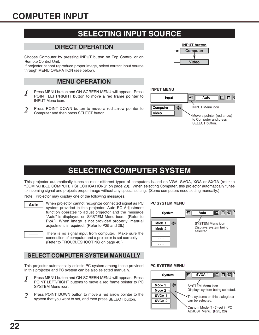 Eiki LC-SM4 Computer Input, Selecting Input Source, Selecting Computer System, Select Computer System Manually, Auto 