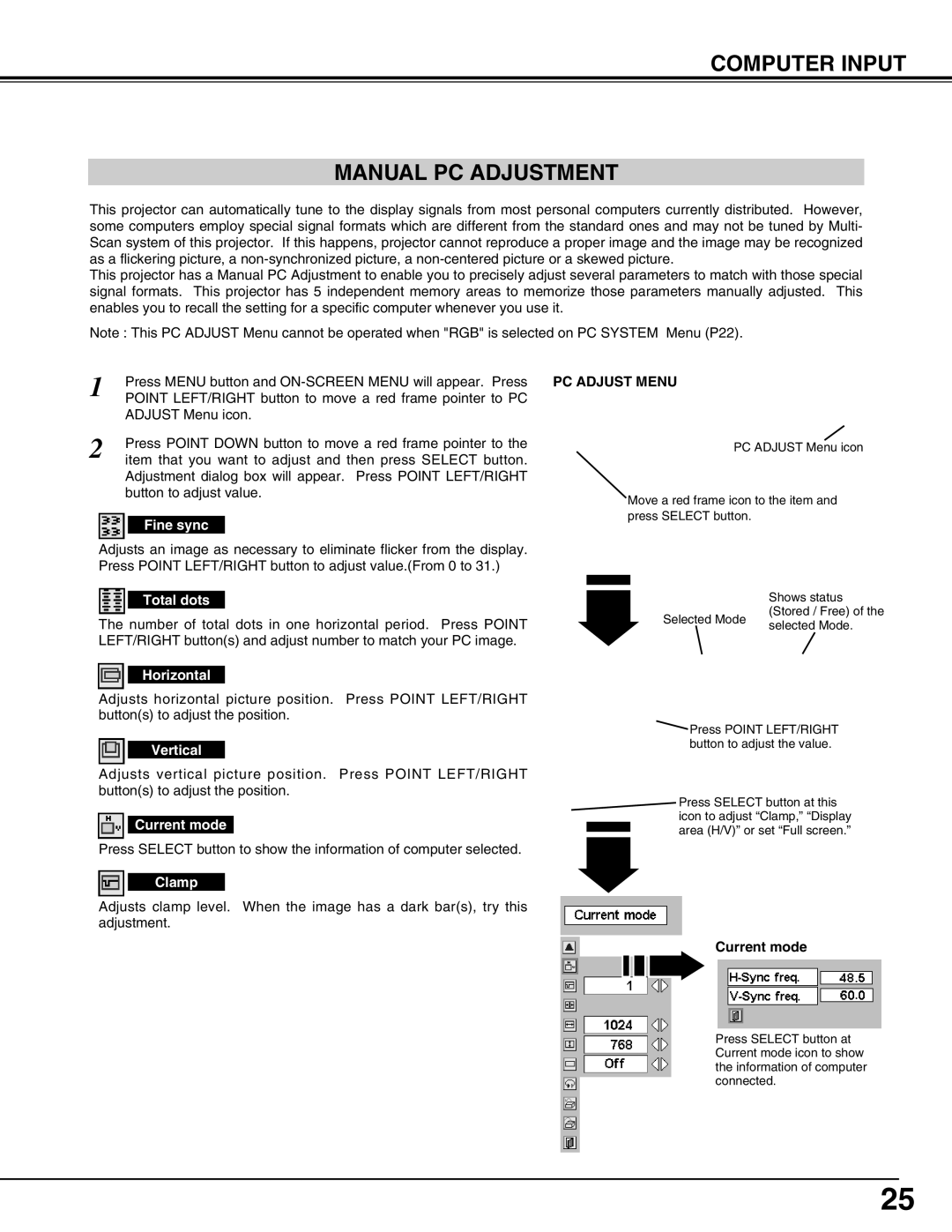 Eiki LC-SM4 owner manual Computer Input Manual PC Adjustment 