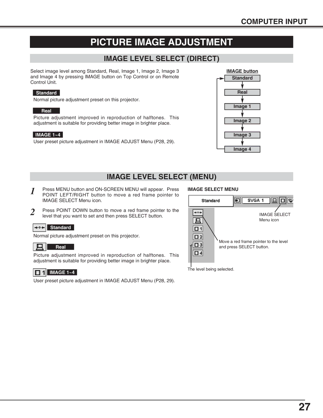 Eiki LC-SM4 owner manual Picture Image Adjustment, Image Level Select Direct, Image Level Select Menu, Image Select Menu 