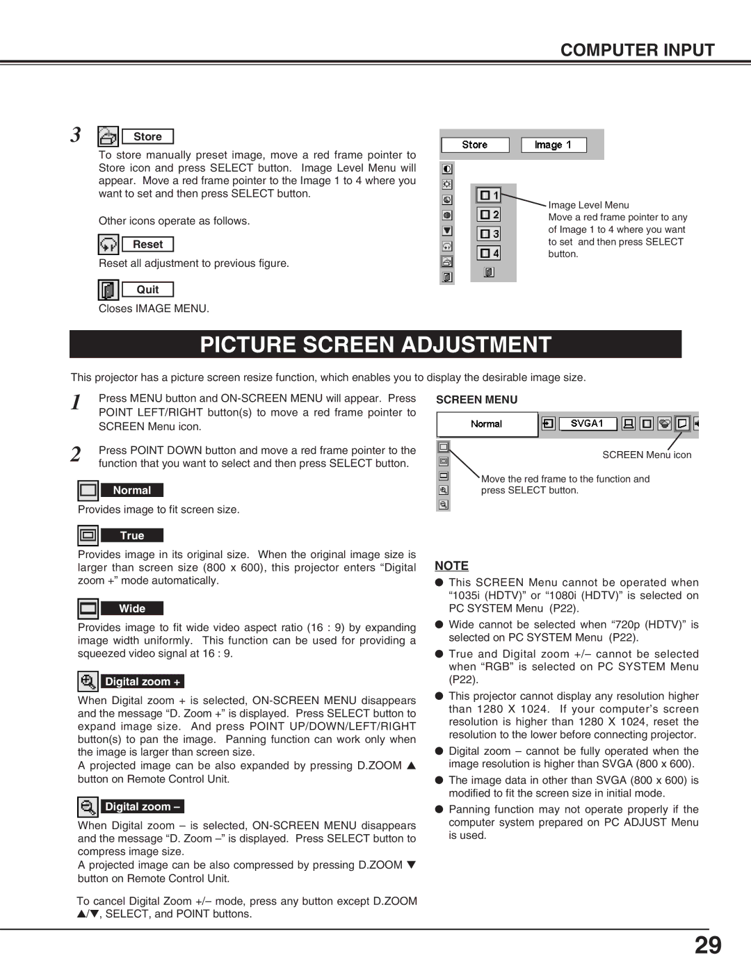 Eiki LC-SM4 owner manual Picture Screen Adjustment, Screen Menu 