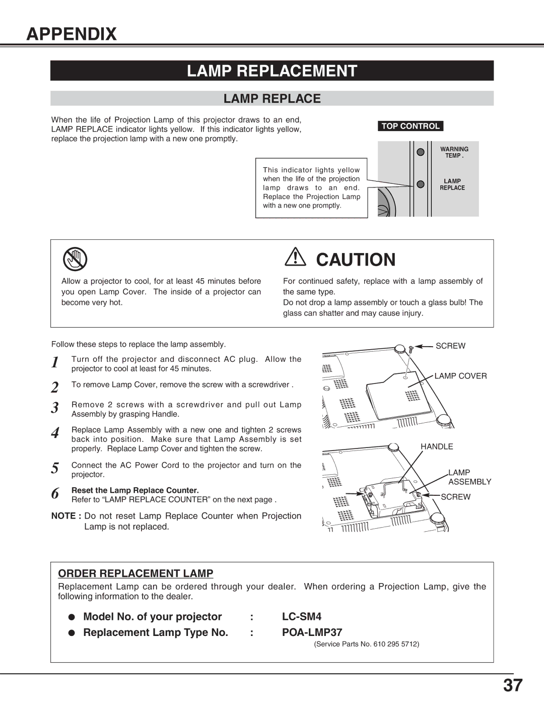 Eiki LC-SM4 owner manual Appendix, Lamp Replacement 